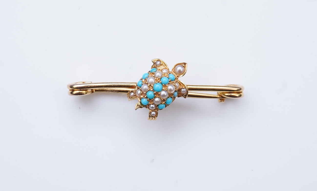 An Edwardian seed pearl and turquoise bar brooch, early 20th century